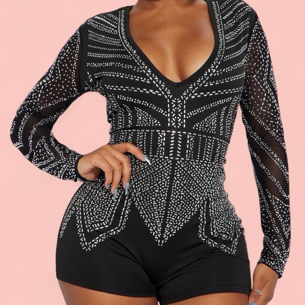 Fashion Nova Black and Silver Studded Romper